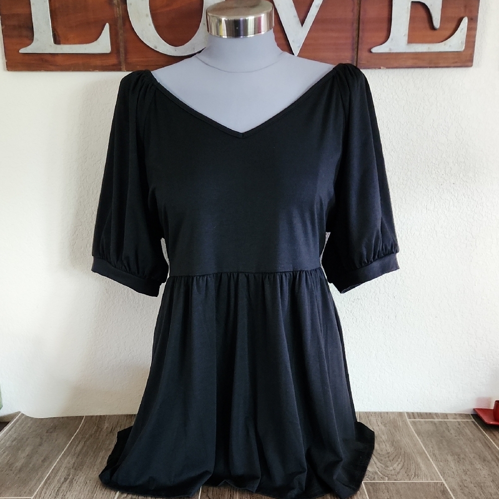 Black Short Sleeve Empire Waist Top - XL